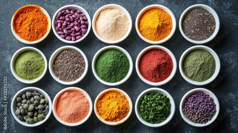 A visually striking display of various superfood powders in bowls, highlighting their diversity and nutritional value. A visually striking display of various superfood powders in bowls, highlighting their diversity and nutritional value.