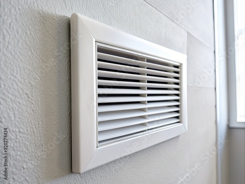 Wallpaper Mural Close-up of a modern air conditioning vent with slatted grille and screw fixtures on a white wall, with a blurred background and natural lighting. Torontodigital.ca