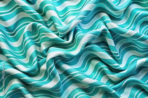 Vibrant turquoise and white wavy patterns dance across a sleek, modern textile, evoking the rhythmic movement of ocean waves on a sunny summer day. photo