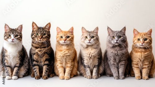 An amusing arrangement of several cats sitting in a line, as if posing for a group photo.