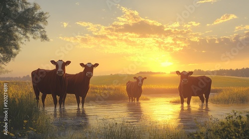 Wallpaper Mural Cows standing in a tranquil pasture at sunset, with the soft glow of the setting sun highlighting their forms. Torontodigital.ca