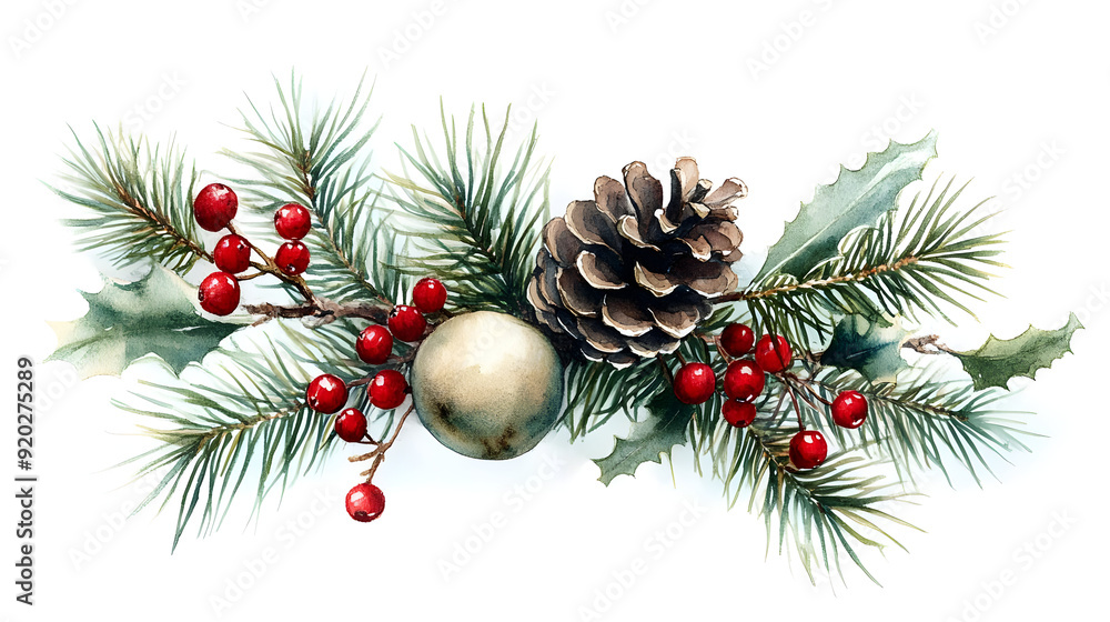 A festive arrangement of pine branches, holly, red berries, and a pine cone. A festive arrangement of pine branches, holly, red berries, and a pine cone.