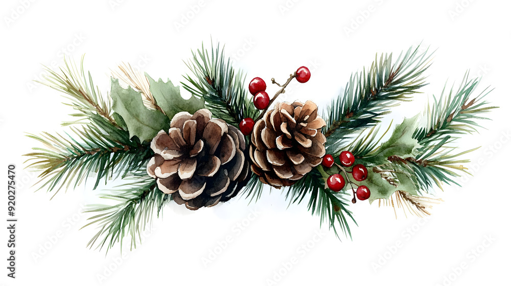 A festive arrangement featuring pinecones, evergreen branches, and red berries. A festive arrangement featuring pinecones, evergreen branches, and red berries.