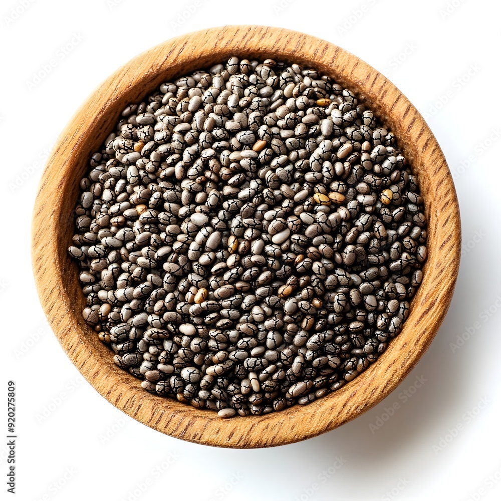 Chia Seeds in Wooden Bowl on White Background Healthy Superfood Ingredient Chia Seeds in Wooden Bowl on White Background Healthy Superfood Ingredient