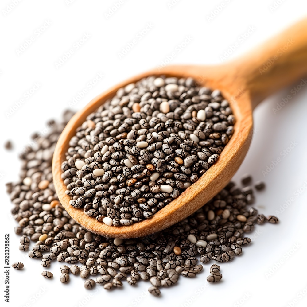 Close up of Chia Seeds in Wooden Spoon on White Background Close up of Chia Seeds in Wooden Spoon on White Background