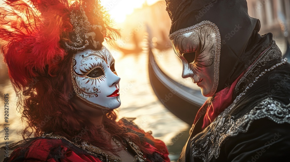 The elegance of a couple in Venetian masks, captured against the iconic scene of gondolas on the Grand Canal during carnival. The elegance of a couple in Venetian masks, captured against the iconic scene of gondolas on the Grand Canal during carnival.