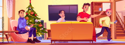 Teenagers in living room on Christmas eve. Vector cartoon illustration of family having fun at home, holiday gift boxes under decorated X-mas tree, father reading letter, children running and joking