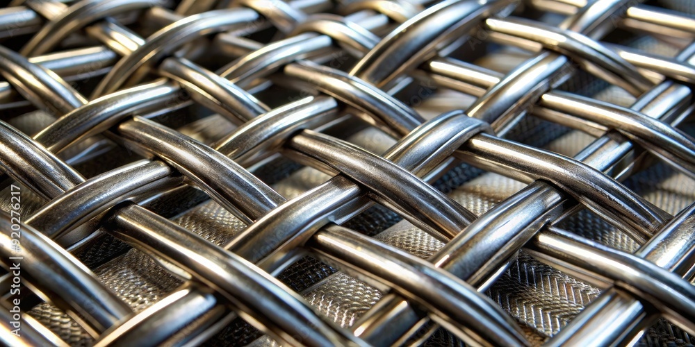 Close-up of intricately woven metal mesh texture with shiny silver threads crisscrossing in a diagonal pattern, creating a modern and industrial design element. Close-up of intricately woven metal mesh texture with shiny silver threads crisscrossing in a diagonal pattern, creating a modern and industrial design element.