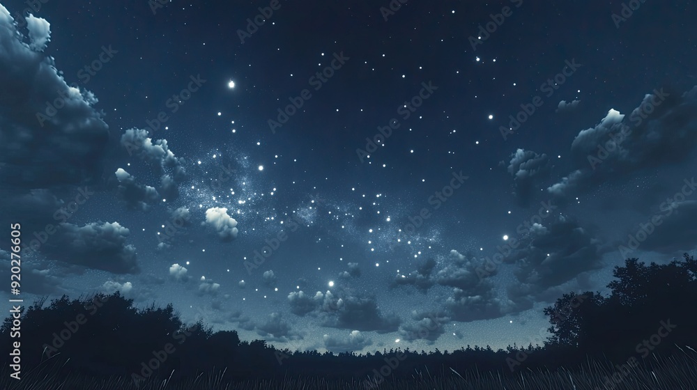 Fototapeta premium The night sky at its most peaceful, with soft, volumetric clouds drifting under a canopy of stars.