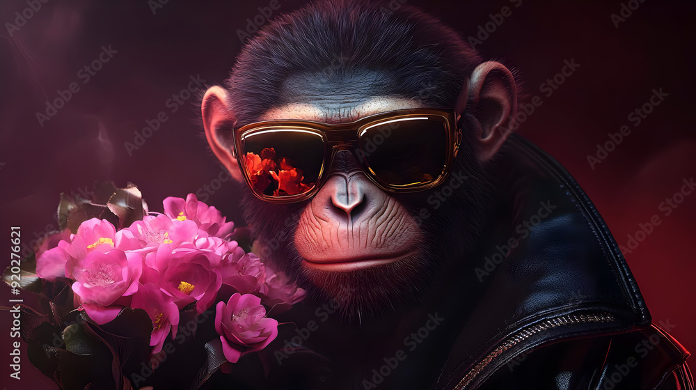 A stylized monkey wearing sunglasses holds pink flowers, exuding a cool and artistic vibe. A stylized monkey wearing sunglasses holds pink flowers, exuding a cool and artistic vibe.