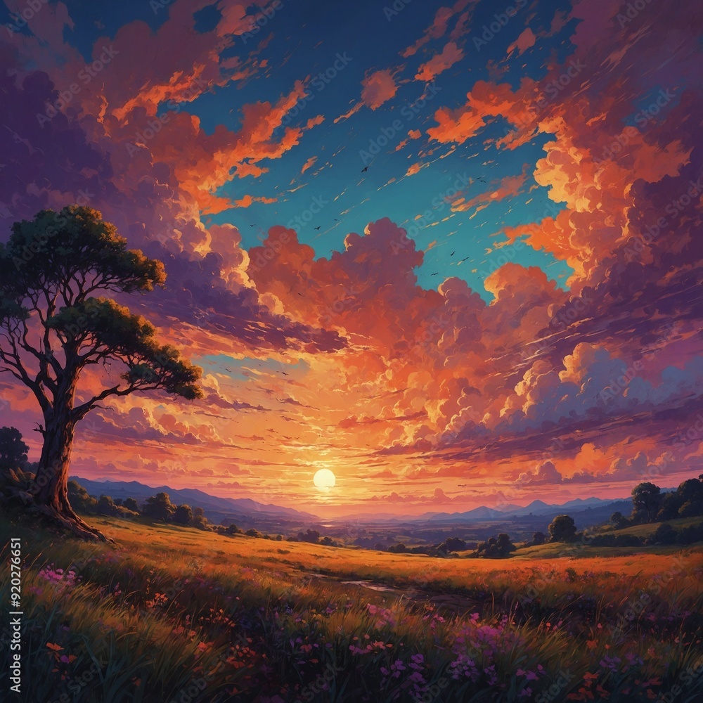 Fototapeta premium Imagine a vast meadow full of colorful wildflowers — poppies, daisies, and lavender — swaying in the gentle wind. Butterflies of every color flutter from flower to flower, their wings reflecting the b