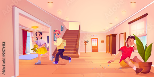Naughty children pranking father at home. Vector cartoon illustration of teen boy and girl running in house hallway, injured man holding head, beads scattered on floor, Christmas tree in living room