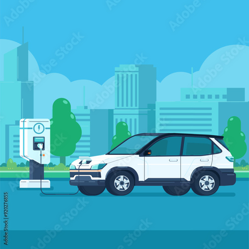Vector Illustration of Electric Car Charging Its Battery. Isolated Modern Electric Crossover Car Charging at Fast Charger EV Station With A Plug in Cable. Electric Vehicle.