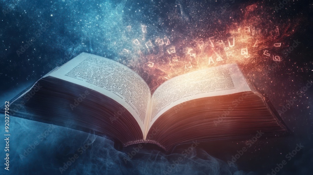 Open Book with Glowing Letters Emerging from its Pages Against a Starry Night Sky Open Book with Glowing Letters Emerging from its Pages Against a Starry Night Sky