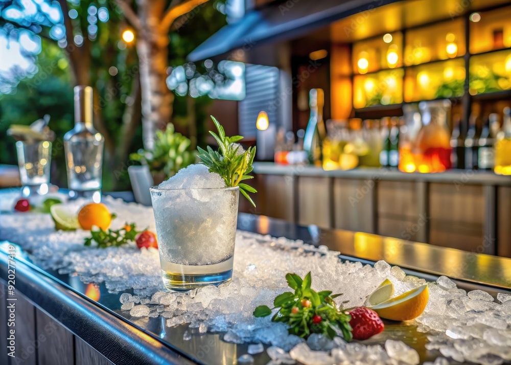 Frosted glass bar counter top scattered with crushed ice and garnishes, waiting for refreshing cocktails to be crafted on a warm summer evening. Frosted glass bar counter top scattered with crushed ice and garnishes, waiting for refreshing cocktails to be crafted on a warm summer evening.