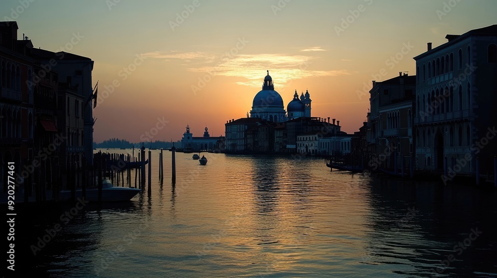 Fototapeta premium The tranquil waters of Canal Grande at sunset, with the silhouette of Basilica di Santa Maria della Salute creating a stunning view.