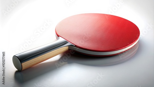 A solitary ping pong paddle lies isolated against a clean white background, its handle and rubber surface gleaming in the bright lighting.