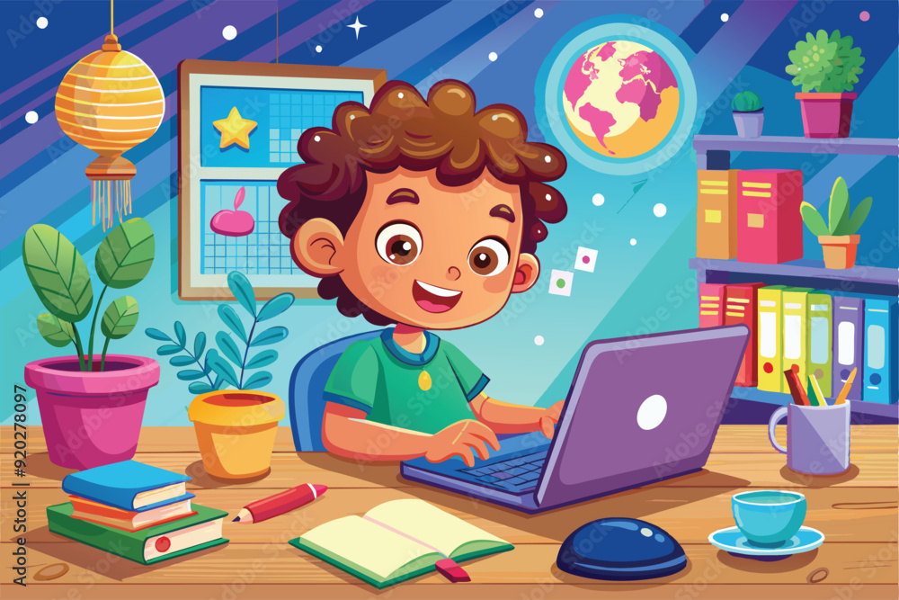 Cute little boy looking happy studying at home using laptop computer. Online education, e-learning technology learning, e-learning web element learning. Vector cartoon design illustration. Cute little boy looking happy studying at home using laptop computer. Online education, e-learning technology learning, e-learning web element learning. Vector cartoon design illustration.