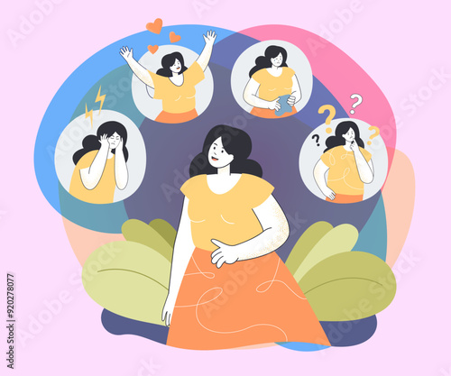 Woman expressing various feelings and emotions. Cartoon female character suffering from distracted behavior and mood changes flat vector illustration. Psychological or mental health concept