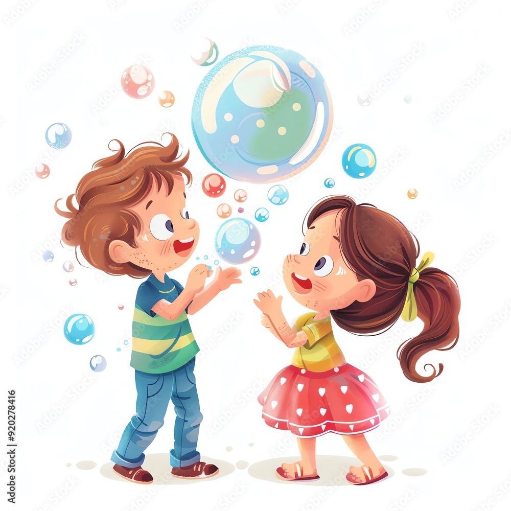 Whimsical illustration of a girl and boy joyfully playing with bubbles, capturing the innocence and fun of childhood. Whimsical illustration of a girl and boy joyfully playing with bubbles, capturing the innocence and fun of childhood.