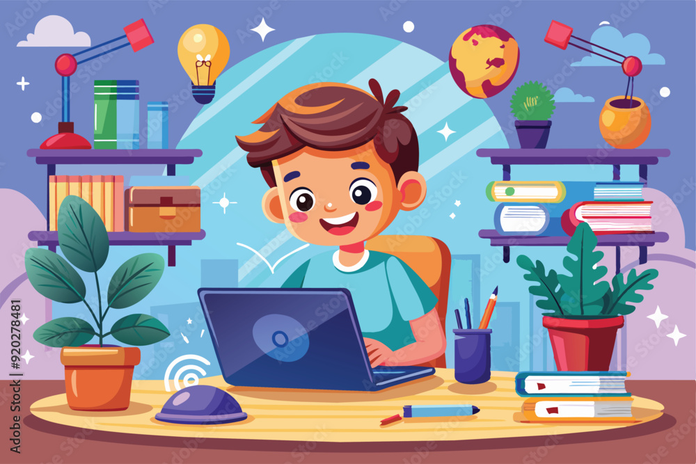 Cute little boy looking happy studying at home using laptop computer. Online education, e-learning technology learning, e-learning web element learning. Vector cartoon design illustration. Cute little boy looking happy studying at home using laptop computer. Online education, e-learning technology learning, e-learning web element learning. Vector cartoon design illustration.