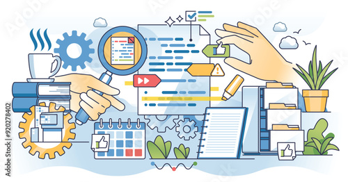 Data coding, programming and code script writing outline hands concept. Software development with debugging, error checking process of converting data in form that can be analyzed vector illustration
