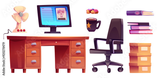 Police office interior furniture and equipment. Cartoon vector detective and investigator room elements - desk and chair, computer monitor with suspect photo, documents and materials, coffee and donut