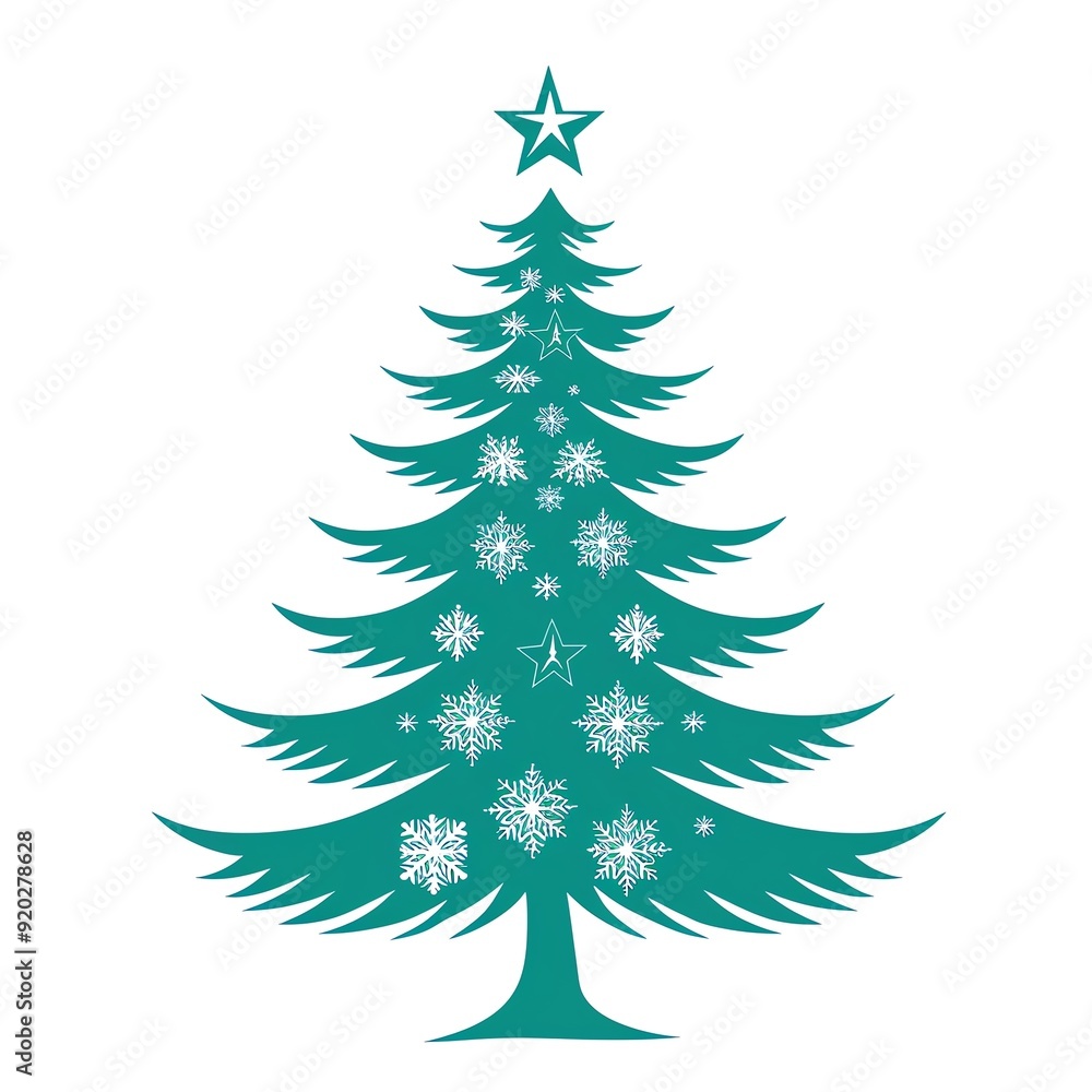 Simple teal Christmas tree illustration decorated with snowflakes and a star on top, perfect for holiday designs and festive greeting cards. Simple teal Christmas tree illustration decorated with snowflakes and a star on top, perfect for holiday designs and festive greeting cards.
