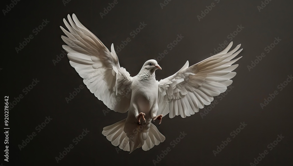 Obraz premium White Dove with Spread Wings Against a Dark Background
