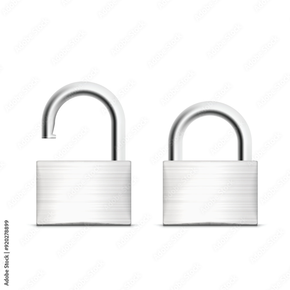 Two metallic padlocks, one locked and one unlocked. Vector illustration Two metallic padlocks, one locked and one unlocked. Vector illustration