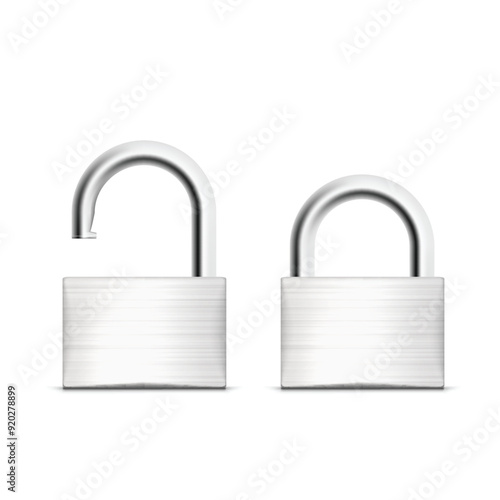 Two metallic padlocks, one locked and one unlocked. Vector illustration