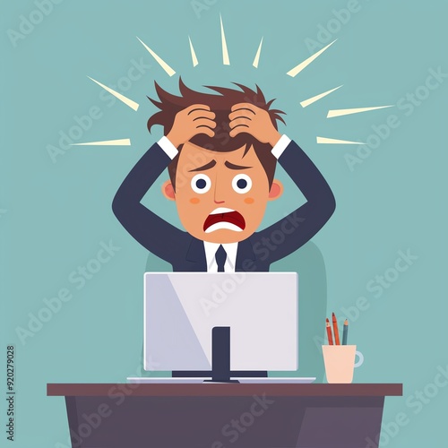 Illustration of a stressed office worker in a suit pulling hair in front of a computer, showing frustration in a corporate setting.