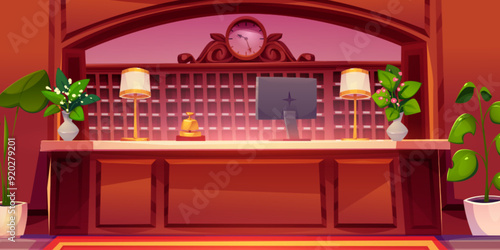 Hotel lobby interior with wooden reception counter, rack with cells for keys and clock, computer monitor and bell push button, lamp and flower bouquets in vase. Cartoon vector accommodation hall.