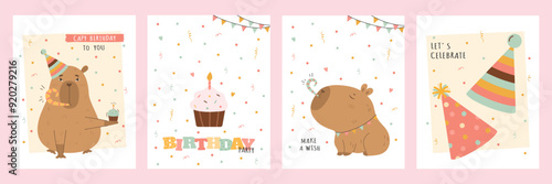 Birthday card set with funny capybara and cake