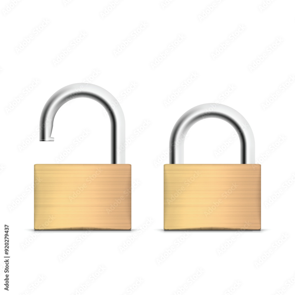 Two metallic padlocks, one locked and one unlocked. Vector illustration Two metallic padlocks, one locked and one unlocked. Vector illustration