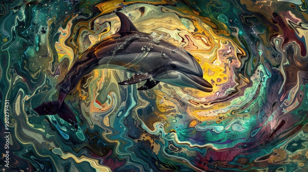 Obraz premium A dolphin navigates through colorful, swirling ocean patterns creating an enchanting underwater atmosphere