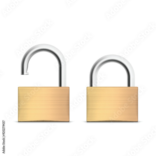 Two metallic padlocks, one locked and one unlocked. Vector illustration