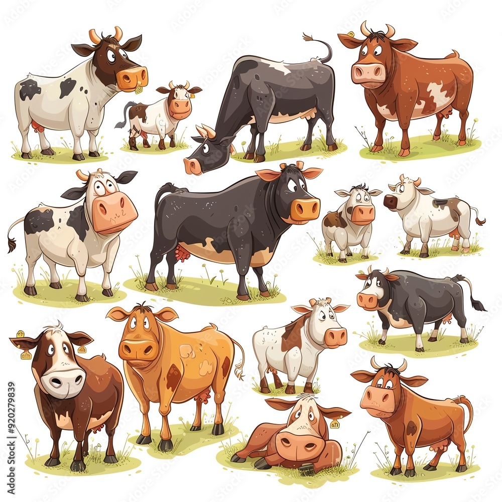 Obraz premium A collection of cartoon cows in various poses, showcasing their expressions and personalities on a white background.