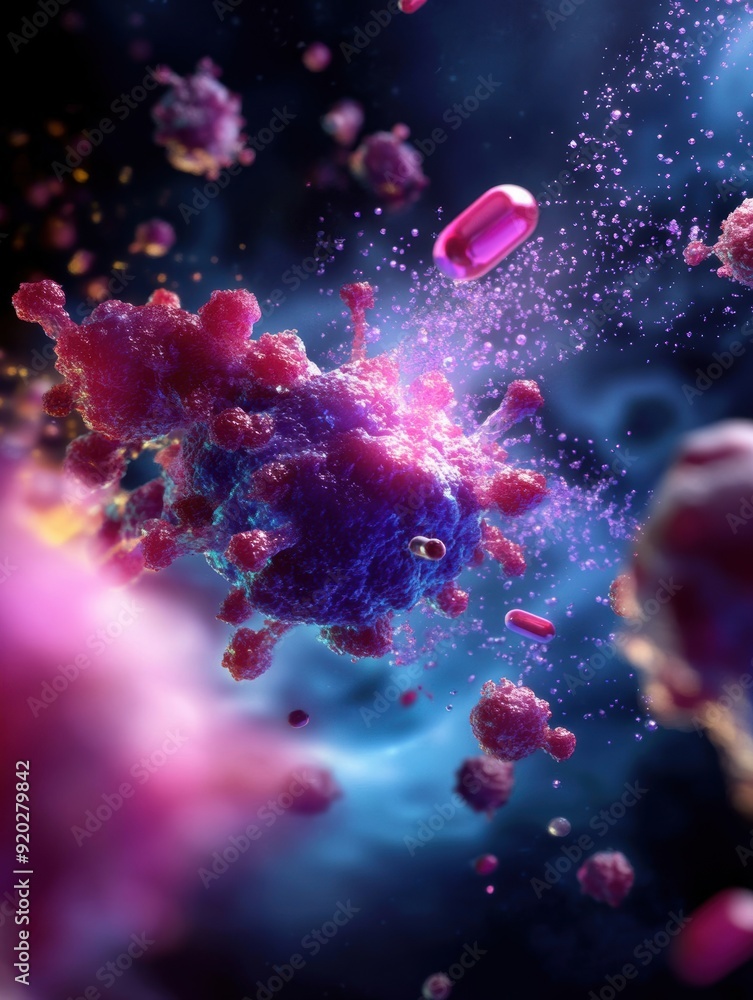 A close-up of cancer cells being attacked by innovative drugs in a virtual simulation demonstrates the process leading to remission. A close-up of cancer cells being attacked by innovative drugs in a virtual simulation demonstrates the process leading to remission.