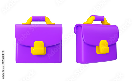 Purple briefcase vector 3d icon. Work or school bag cartoon illustration set isolated on white background. Office businessman brief case or handbag