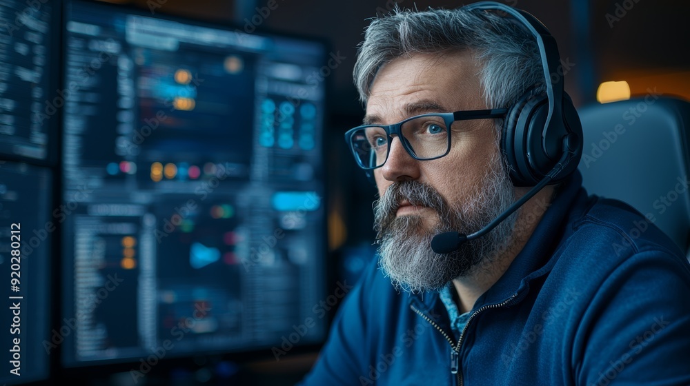Focused male analyst in headset engaging with technology on multiple screens, showcasing teamwork and problem-solving skills. Focused male analyst in headset engaging with technology on multiple screens, showcasing teamwork and problem-solving skills.