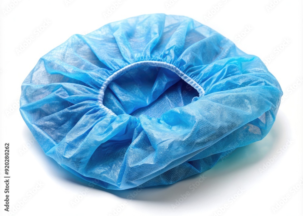 Fototapeta premium Sterile blue surgical bouffant hair cap on a white background, crumpled and empty, awaiting use in a medical or healthcare setting for hygiene and protection.