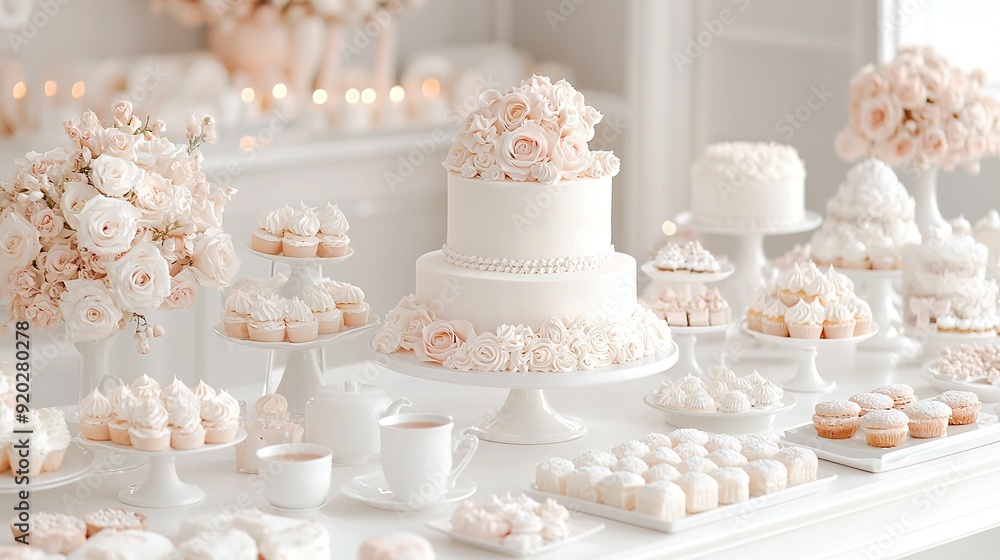 A white cake topped with frosting and cupcakes A white cake topped with frosting and cupcakes