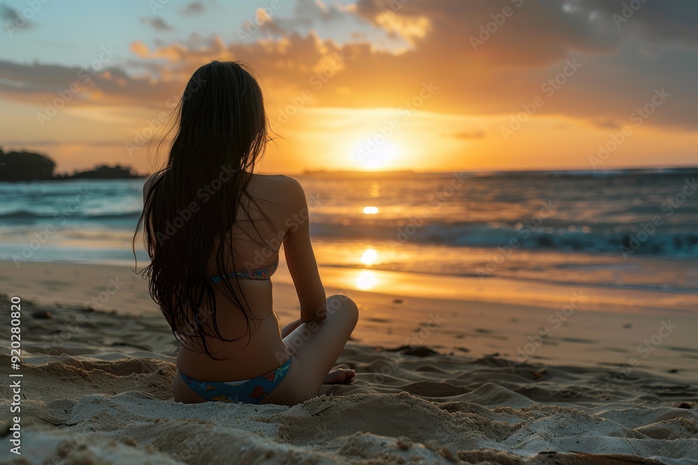 夕日を眺めて物思いにふける若い日本人女性(夕焼け・孤独・悩み・青春・水着) 夕日を眺めて物思いにふける若い日本人女性(夕焼け・孤独・悩み・青春・水着)