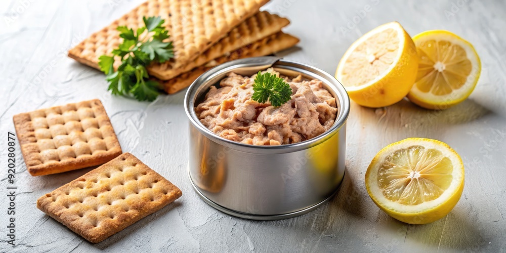 Freshly opened can of tuna on a clean white countertop, surrounded by crispy crackers and a slice of lemon, ready for a healthy snack. Freshly opened can of tuna on a clean white countertop, surrounded by crispy crackers and a slice of lemon, ready for a healthy snack.