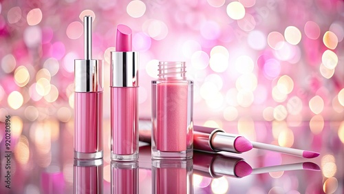 Vibrant pink lip gloss packaging with reflective cap, surrounded by soft focus cosmetic brushes and blurred pastel pink background, emphasizing beauty and femininity. photo