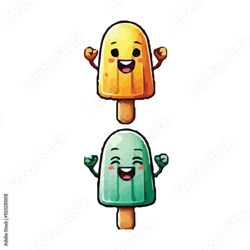 A collection of four smiling popsicle characters. Each popsicle is anthropomorphized with a cheerful, cartoon-like face and arms. The popsicles vary in color and shape