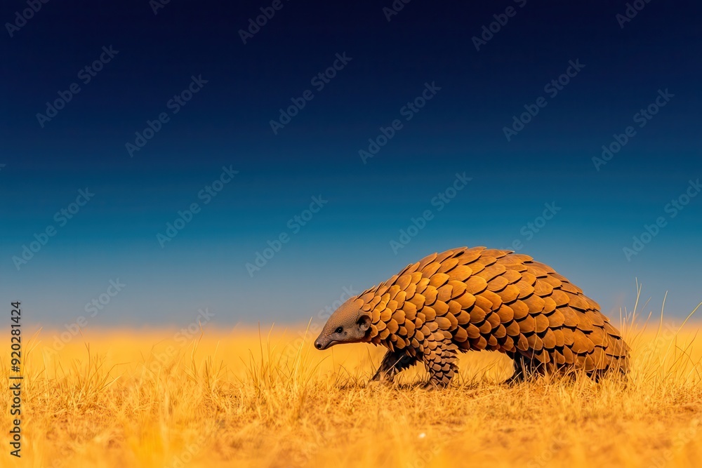 Obraz premium A pangolin strolls through the dry grassland under a clear blue sky, showcasing its distinctive scaly armor in its natural African habitat.