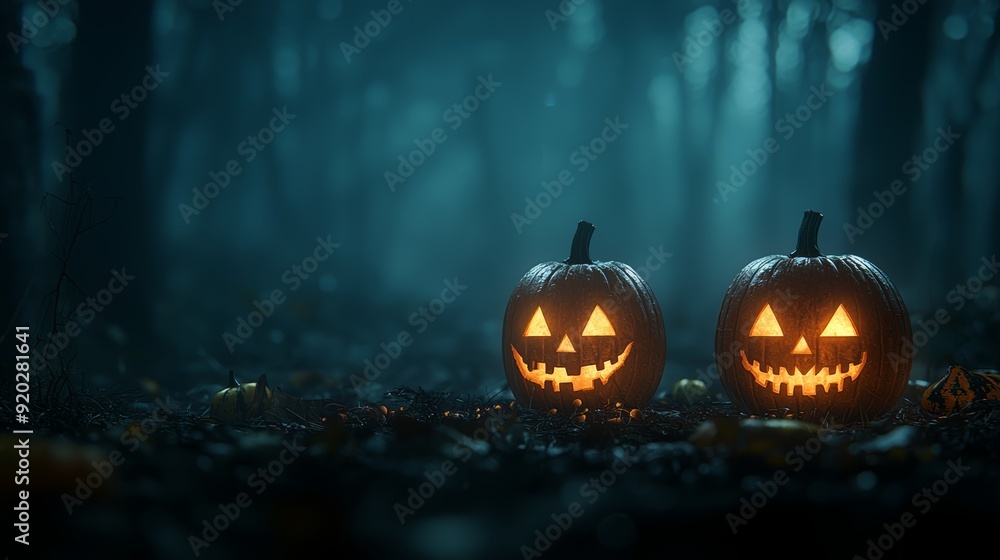 Naklejka premium Glowing jack-o'-lanterns illuminate a misty forest, creating a spooky Halloween atmosphere perfect for seasonal projects.