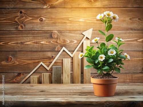 Rising graph and blooming flowers on a wooden desk represent growth, success, and development of a thriving entrepreneurial venture or small business. photo